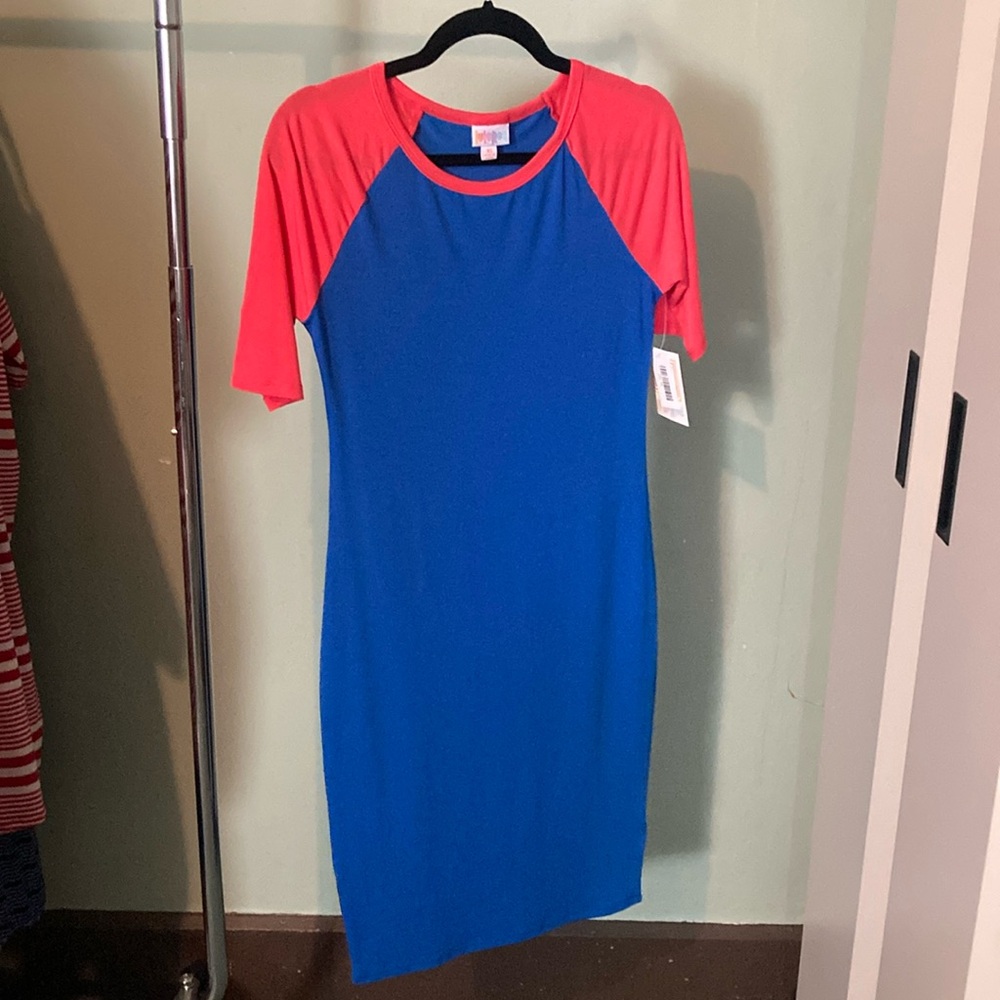 Lularoe xs blue with red sleeves Julia dress